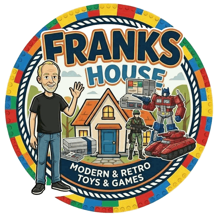 Franks House logo: Frank waving in front of the house, surrounded by classic toys and games